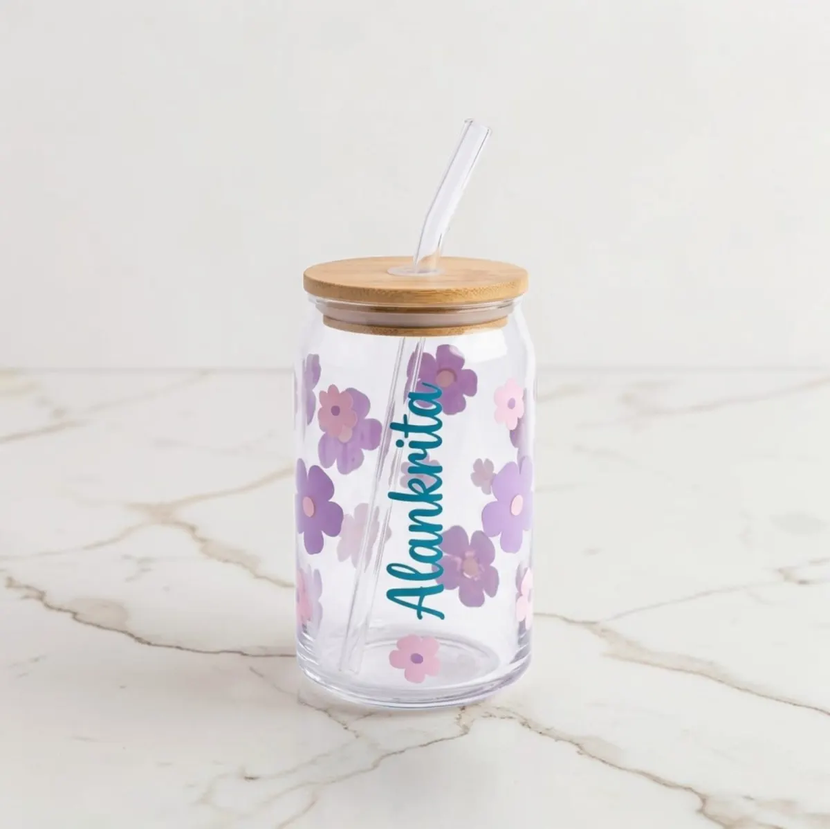 Glass tumbler with wooden lid & Straw