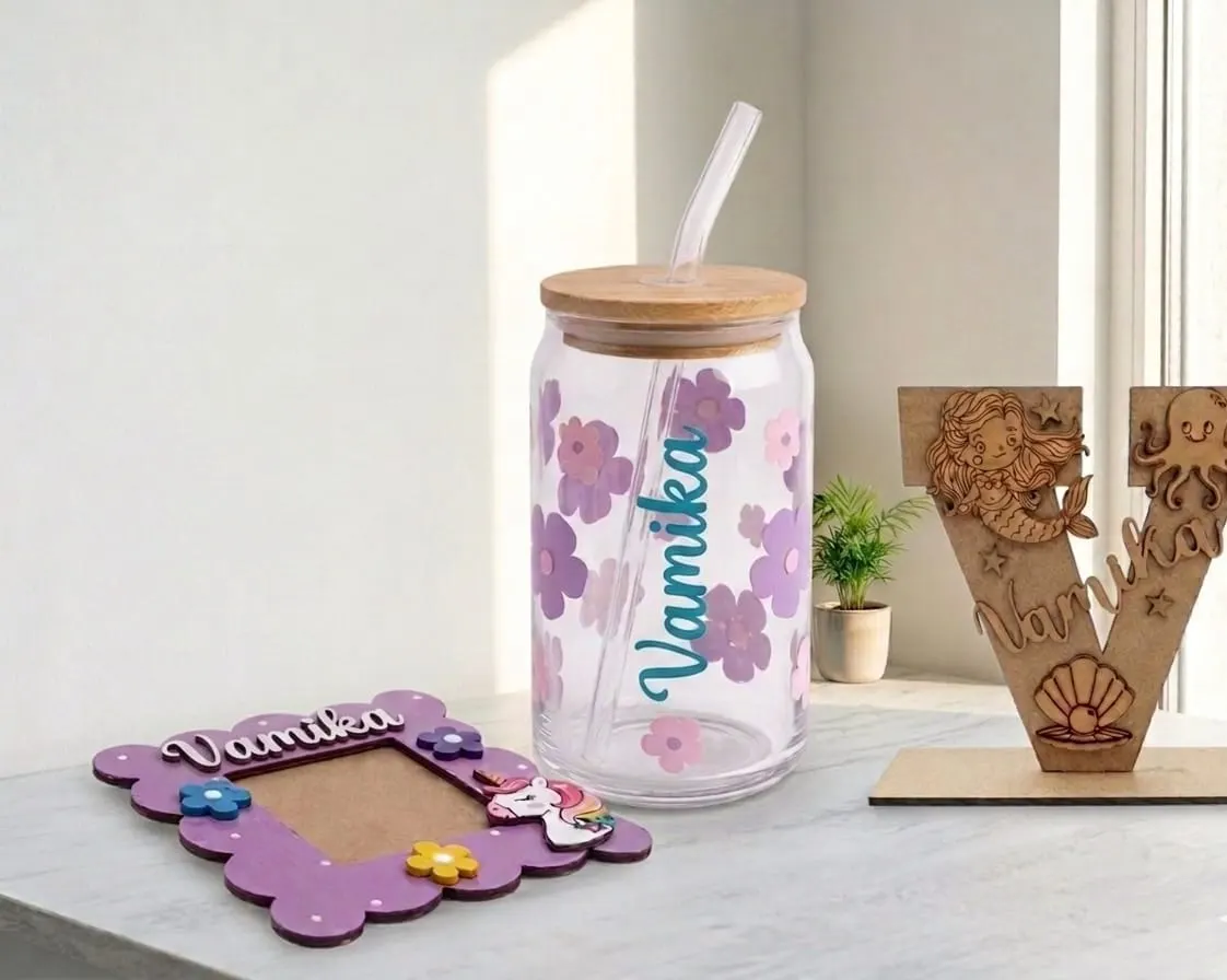 Glass tumbler + mini photoframe + table top monogram