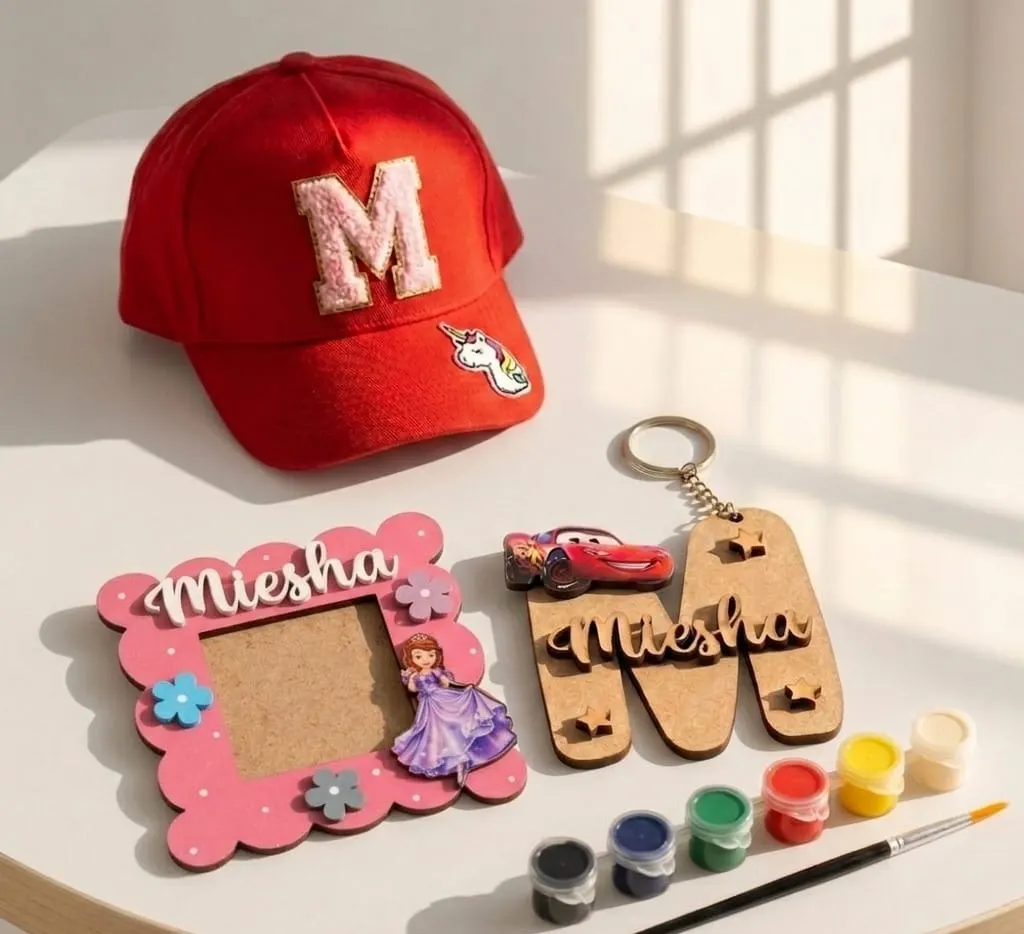 cap + monogram keychains + mini photoframe
